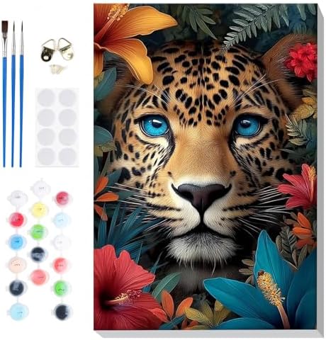 Bowetile Framed Paint by Numbers Cheetah Kit for Adults, Adults' Paint-by-Number Kits on Canvas, Painting by Numbers Flowers, Acrylic Number Painting Gifts for Home Wall Decor, 8x12in