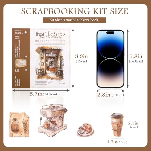 RISYPISY 558pcs Coffee Theme Washi Sticker Book for Scrapbooking | 50 Sheets Journaling Stickers for Junk Journals & Planners