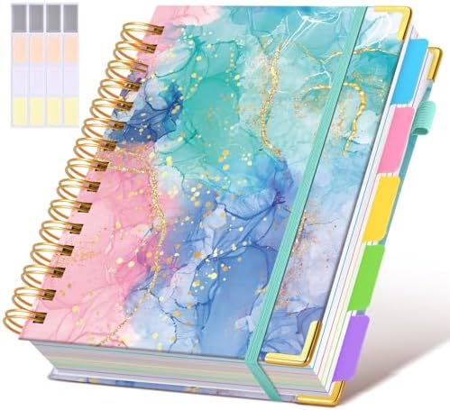 Hardcover Spiral Notebook journal with Removable Dividers Tabs, 300 Pages 5 Subject Notebook College Ruled, 100GMS Notebooks for Work School Note taking,Lined Journal for Women,A5 Pink Blue Marble