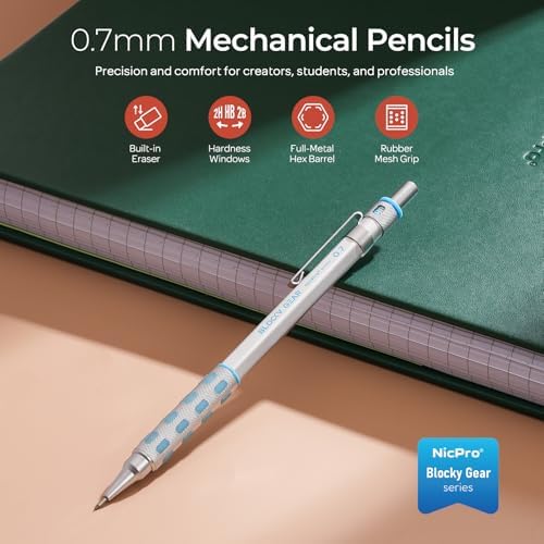Nicpro 0.7 mm Mechanical Pencil, Metal Drafting Pencil with Eraser