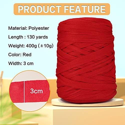 400g T-Shirt Elastic Fabric Crochet Cloth Yarn for DIY Knitting, 130 Yards Spaghetti Thick Knitting Yarn for Hand DIY Bag Basket Cushion Crocheting Projects Home Decor (Red)