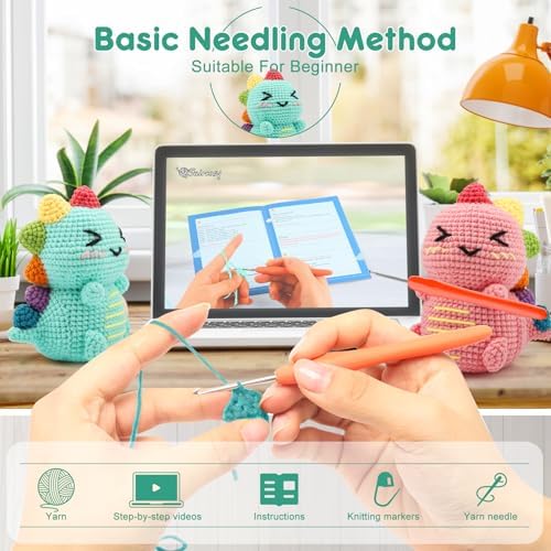 Faircosy Dinosaur Crochet Kit for Beginners: 2PCS Crochet Animal Kits for Adults - Learn to Crocheting Cute Amigurumi Starter Kit with Written Pattern & Video Tutorials (40%+ Yarn Extra)