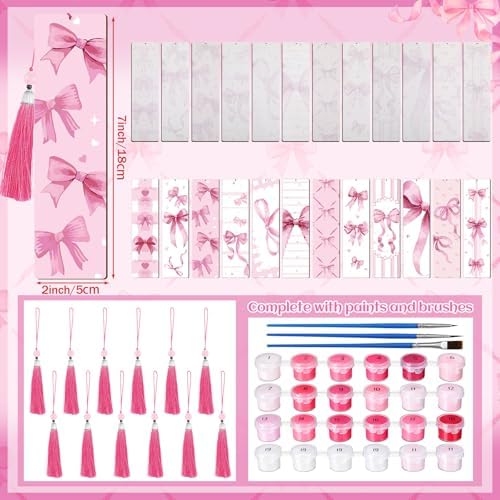 Kosiz 12 Pcs Pink Bow Paint by Number Kit for Adult Wood Bookmark | Mini Paint by Numbers Kit, Painting Decor, Tiny Tassels Blank Bookmarks, for Small DIY Craft Book Lovers Gift 7x2 ''