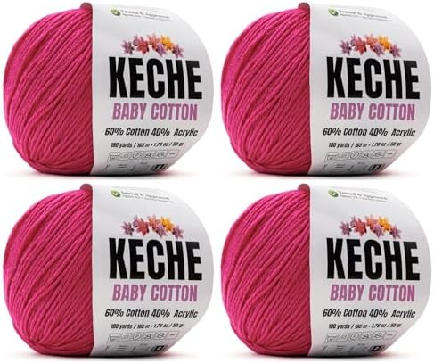 Keche Baby Cotton, 60% Cotton 40% Acrylic Yarn, Soft Cotton Yarn for Crochet and Knitting, Amigurumi Yarn 4 Skeins/Balls [1.76 Oz (50g) / 180 Yrds (165m)] x 4 - Deep Pink