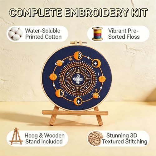 Qupace 3 Pcs Beginner Celestial Constellation Embroidery Kit, Pre-Printed Starry Moon Planet Hand Embroidery Set with Bamboo Hoop, DIY Boho Cosmic Craft Supplies for Adult Wall Decor & Gift
