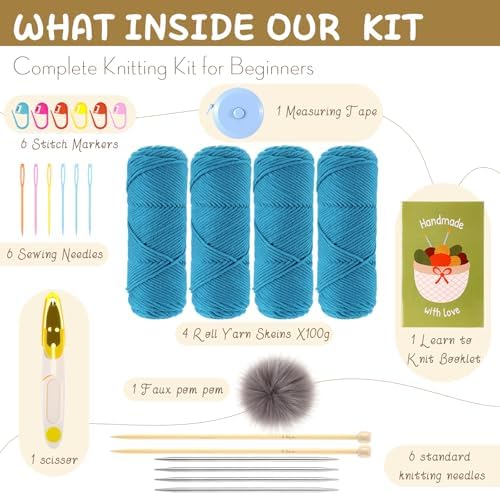 Maasechs Knitting Kit for Beginners Adults Learn to Knit Hat Scarf Glove Complete Knitting Starter Kit with Yarn, Needles, Faux Pom Pom and Step by Step Instruction for Women and Men (Lake Blue)