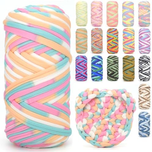 Tshirt Yarn for Crocheting,Rainbow T Shirt Chunky Elastic Fabric Thick T-Shirt Crochet Yarn for Beginners Crocheting Hand Knitting Bag/Basket/Coasters/DIY Crafts/Home Decor 200G-Candy