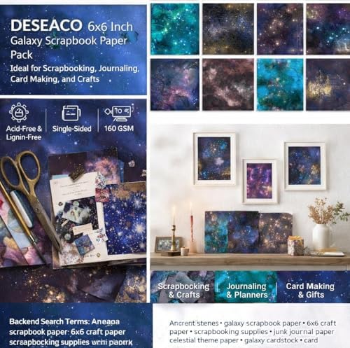Galaxy Scrapbook Paper 6x6, 12 Cosmic Designs, Acid-Free 160gsm Single-Sided Decorative Craft Paper for Scrapbooking, Journaling, Card Making & DIY Crafts-24 Sheets