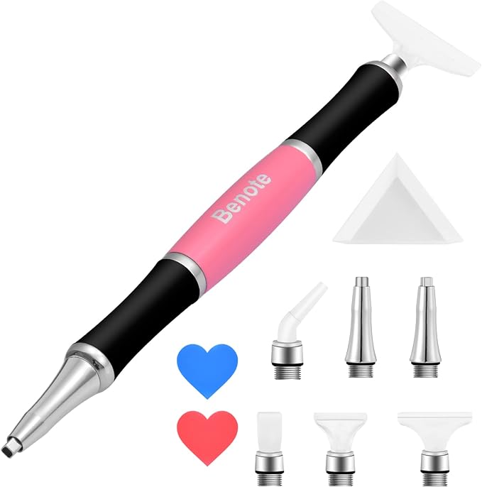 benote Ergonomic Diamond Art Painting Pen, Diamond Art Pen with Dual Rubber Metal Screw In Tip Round And Square Rhinestone Picker Tool for Arts DIY Craft - B10 Pink