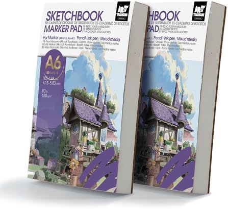 TRANSON 2 Pack A6 Mini Sketchbook Marker Pad, 80lb/120gsm Heavyweight Art Paper, No Bleed Through, 100 Sheets/200 Pages 4.13"x5.83" for Drawing & Sketching