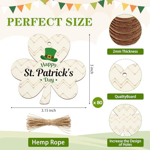80PCS Wooden Shamrock Ornaments to Paint St. Patrick's Day Decorations, 8 Styles DIY Blank Unfinished Wood Shamrock Cutouts Ornament for Tree Home Crafts Hanging Gifts Indoor Spring Farmhouse