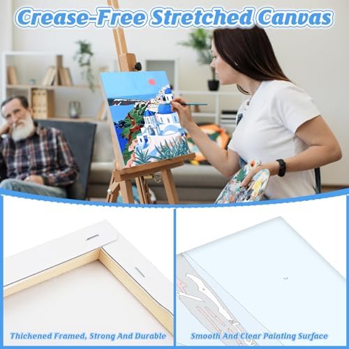 KEYIFA Paint by Numbers for Adults on Framed Canvas - with Wooden Easel, Santorini Painting by Number Kit for Beginners, DIY Greece Acrylic Paint-by-Number Kits for Home Wall Decor (8x12 inch)