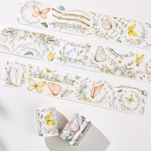 WT Pre-Cut Zephyr Bloom Wide Washi Tape, Single Roll, Original Designs, Wildflower & Butterfly Motifs, Decorative Japanese Paper Tape for Journaling, Planner & DIY Crafts, 60mm x 5m