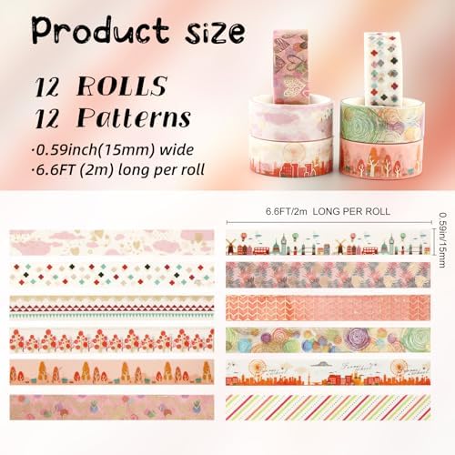 12 Rolls Aesthetic Washi Tape Set, Gold Foil Tree Ferris Wheel Hot Air Balloon Decorative Tape, Landscape Pattern Masking Tapes for DIY Scrapbook Design Journaling Handbook Making Card Wrap Craft