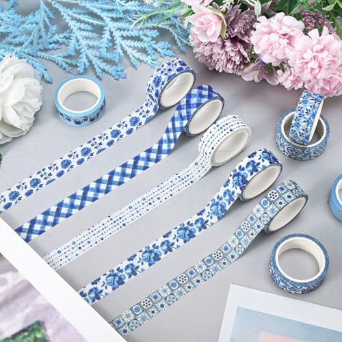 Whaline 12 Rolls Blue Floral Washi Tape Chinoiserie Masking Tape Set Toile Flower Leaves Plaid Striped Dots Decorative Wrapping Paper Tapes Boxed for Scrapbook Journal DIY Crafts