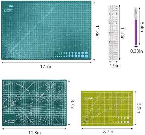 3Pcs Self Healing Cutting Mat with Knife and Quilting Ruler，3 Size Non-Slip Cutting Mat for Crafts Hobby Project， A3/A4/A5，Green