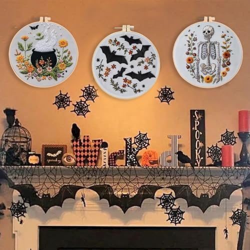 Floral Witch Hat Embroidery Kit Halloween Cross Stitch Material Set with Bat Skull Flower Pumpkin Patterns, DIY Hand Needlepoint Embroidery Craft Kit for Beginners Professional (Floral Bats)