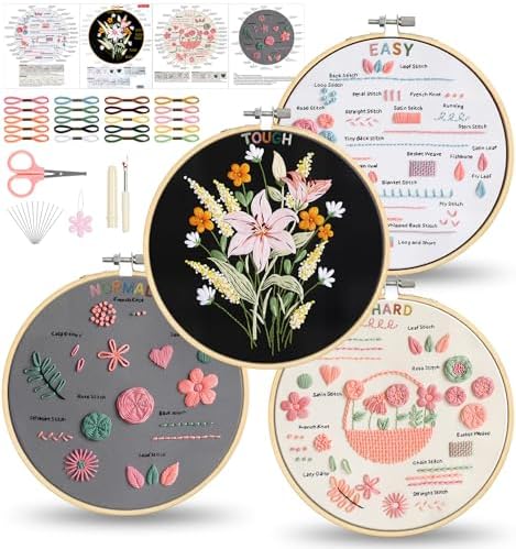 pindda Embroidery Kit for Beginners Adults, with Embroidery Patterns, Embroidery Hoop, Tools, Colorful Threads, Step by Step Instructions, Beginner-Friendly DIY Gift Hobbies for Women