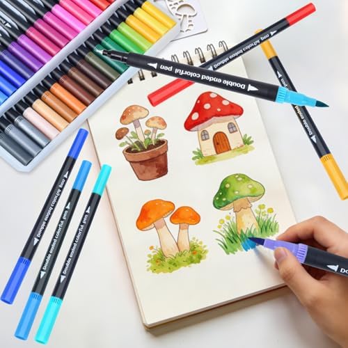 60 Colors Dual Tip Brush Pens, Fine Point & Flexible Brush for Watercolor Painting, Calligraphy & Markers for Adult Coloring Books, Artist Markers Set with Carrying Case