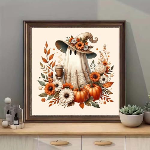 RYMILIE Halloween Diamond Art Kits for Adults Fall Pumpkins 12x12inch | 5D Coffee Ghost Diamond Painting Kit for Beginners, DIY Full Round Drill Gem Art Crafts for Home Wall Decor Gift