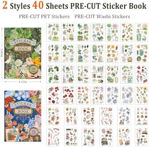 2 Sets 400+ PCS Stickers for Scrapbooking, Self-Adhesive Scrapbook Stickers Supplies Journal, Plants Vintage Aesthetic Sticker Art Diary Card Craft Gifts Planner Notebook,Spring&Flower