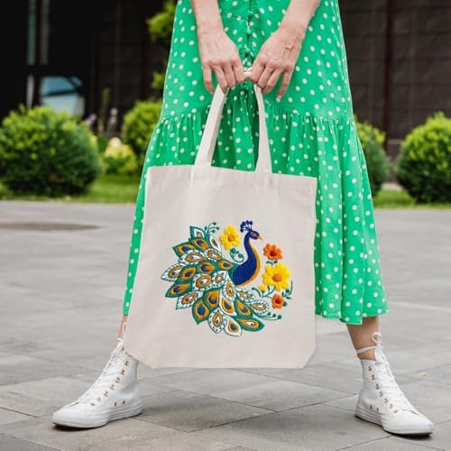 Louise Maelys Peacock Flower Embroidery Kit for Beginners Canvas Tote Bag