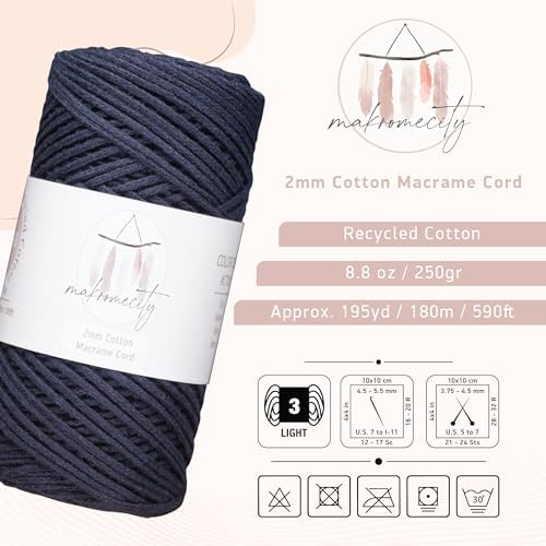 Makromecity, Cotton Macrame Cord 2mm x 195 Yards (590 feet) 2mm Recycled Cotton Crochet Yarn for Macrame Art & Crafts for Wall Hangings, Bags, Underplate, Rug (25 Colors Available) (Indigo Blue)