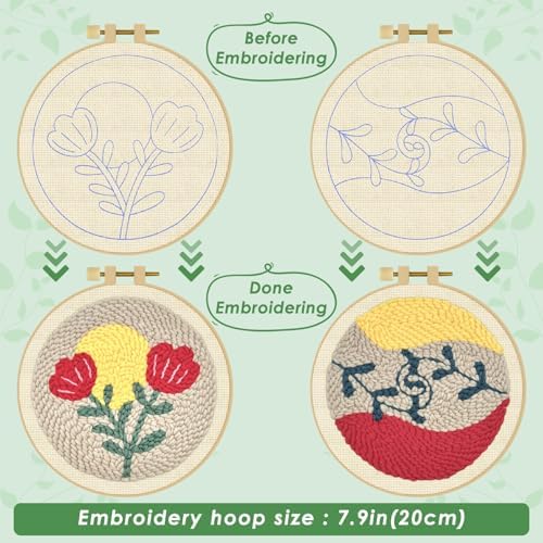 ERKOON Punch Needle Kit Adults Beginners, 2 Pcs DIY Easy Floral Embroidery Set for Starter Art Craft, Needling Punching Project with Patterns, Tools, Yarns, Hoop, Instruction (Rose)