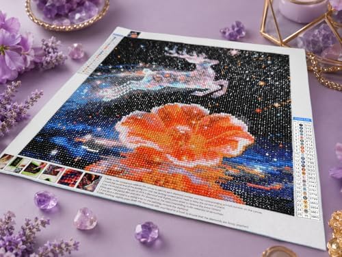 QYLTHRA 5D Full Drill Diamond Painting Kit for Adults & Beginners, DIY Crystal Deer Diamond Art Kit with Fantasy Starry Sky, Golden Flowers & Water Ripples, Home Wall Decor & Gift, 14 x 14 Inches