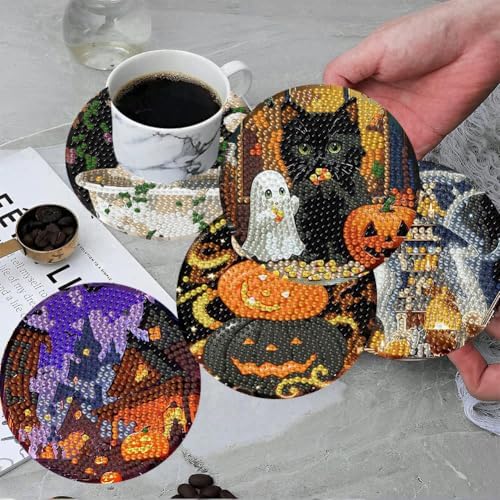 ijbnhd 8 Pcs Halloween Diamond Art Coasters Kits (Cork Wooden Pad)