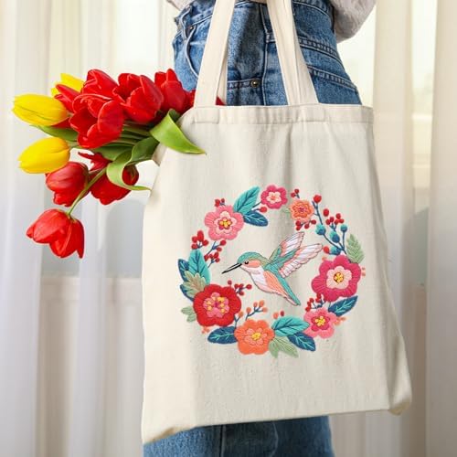 Louise Maelys Hummingbird Embroidery Kit Canvas Tote Bag for Beginners
