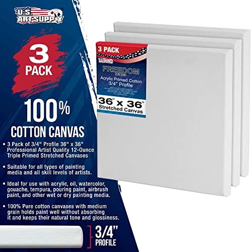 U.S. Art Supply 36"x36" Stretched Canvas for Painting, 3/4" Profile, 3-Pack