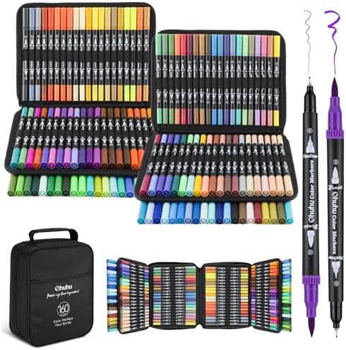 Ohuhu Adult Coloring Book Markers 160 Color Dual Tip Water-Based-Maui-Black | No Bleed Coloring Markers Fineliner & Brush Drawing Pens Art Pens for Kids Adults Sketch Journal