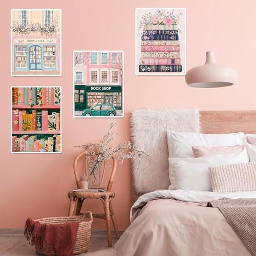 EIBEILI 4-Piece Adult Diamond Art Set, Pink Bookstore Diamond Painting Kit, 5D Diamond Art Kit Bookstore DIY Diamond Dot Book Gemstone Artist Home Wall Decor,12x16 inch