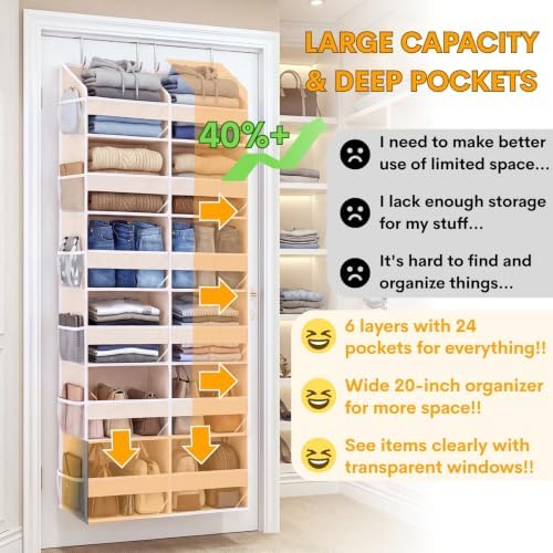 Ofiray-home Over the Door Organizer 6 Tiers, Extra Large Behind Door Storage of 12 Compartments,80 lbs Weight Capacity Hanging Storage Organizer with Clear Window Kids Toys, Shoes, Diapers,Beige