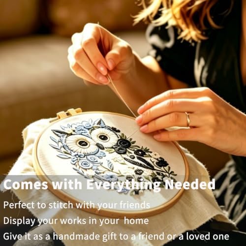 FONNUY Floral Owl Embroidery Kit for Beginners, DIY Handmade Flower Animal Embroidery Set with Hoop, Stamped Cross Stitch Kit for Adults, Unique Home Wall Art Decor & Craft Gift (Black)