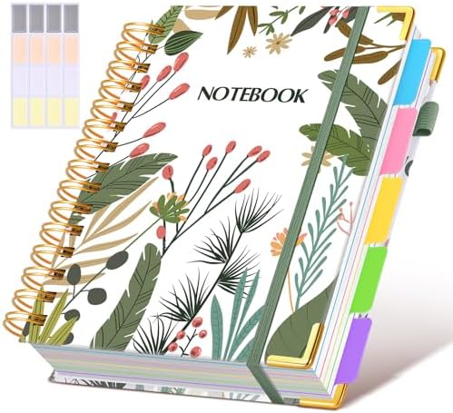 Hardcover Spiral Notebook journal with Removable Dividers Tabs, 300 Pages 5 Subject Notebook College Ruled, 100GMS Notebooks for Work School Note taking,Lined Journal for Women,A5 Colorful Botanicals