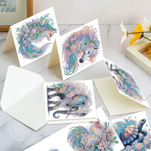 AiYuanzsh Set of 6 Animal Diamond Painting Greeting Cards - Rooster, Turtle, Elephant, Horse, and Fox Designs 5D DIY Craft Kits with Colorful Rhinestones Diamond, Perfect for Birthday and Anniversary
