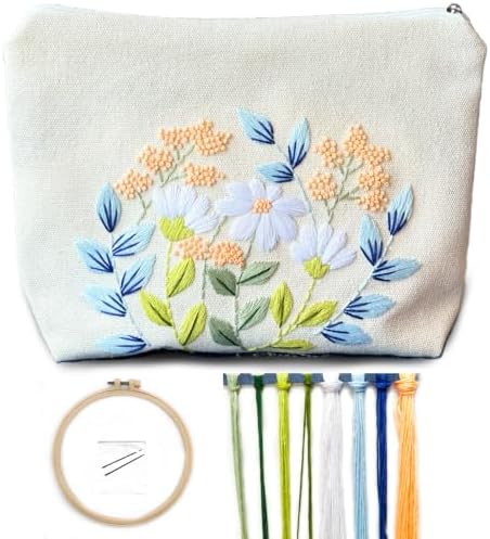 FONNUY Embroidery Kit Makeup Bag for Beginners, Flowers Pre-Stamped Pattern Handbag Coin Purses Making Kits for Adults with Hoop, Easy to Follow Color Thread Needlework (Daisy)