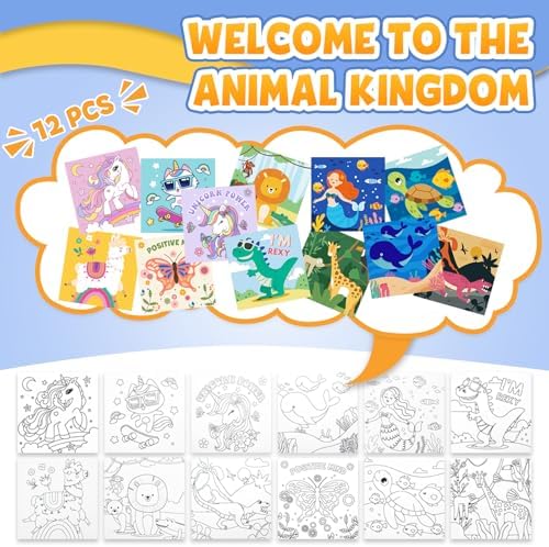 CONDA 12 Pcs Pre Drawn Canvas to Paint 6x6 Inch, Animal Pre Printed Canvas for Painting for Beginners Students, DIY Paint Art Supplies, Painting Canvas Panels and Sip Kit