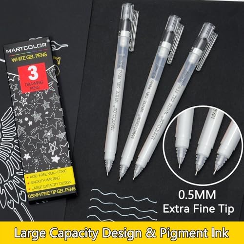 MARTCOLOR White Gel Pens, 3 Pack 0.5mm Extra Fine Point White Gel ink Pens