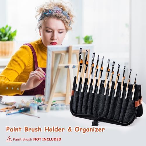 Paint Brush Holder Case for Artists with 22 Slots, Brush Organizer with Pop-Up Stand, Travel Paintbrush Storage Bag for Acrylic Oil Watercolor, Zippered Art Brush Cover (Brushes Not Included)
