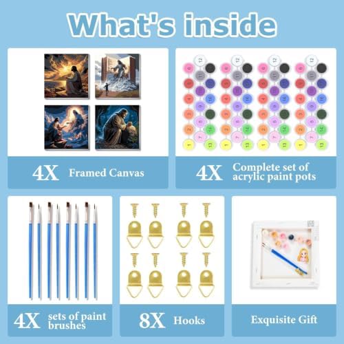 4 Pack Framed Paint By Numbers Kit for Adults, Jesus Paint By Number Kits