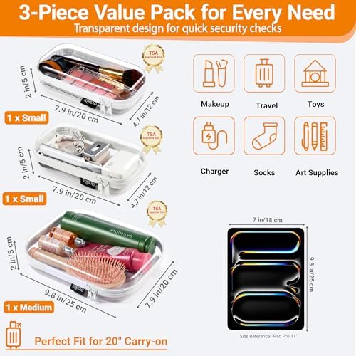 YQBRAO Clear Hard Shell Zipper Cases, 6 Travel Organizers, 2M 4S, White