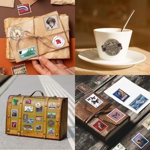 Vintage Travel Postage Stamp Stickers - World Landmarks USA Australia Brazil Waterproof Vinyl Stickers for Journal Planner Laptop Scrapbooking