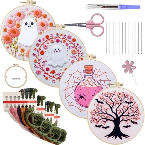 SCECALA 4 Pack Pink Halloween Embroidery Kit for Beginners
