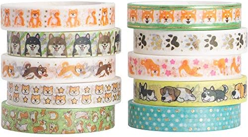 YUBBAEX 10 Rolls Sparkling Washi Tape Set 8mm Skinny Gold Foil Decorative Masking Washi Tapes for Journal,Scrapbook, Planner, DIY Crafts (Cartoon Doggy)