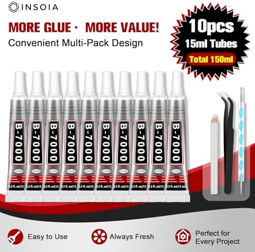 INSOIA B7000 Bedazzling Glue Tool Clear, 10 x 15ml Precision Tip