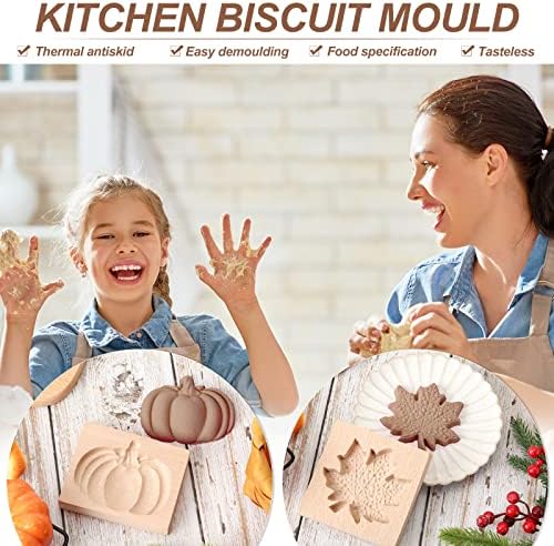 Meanplan Carved Wooden Cookie Mold, Baking Embossing Cookies Stamp Mold Cutter Funny 3D Heart Wood Rose Dessert Tools for Christmas Kitchen DIY Baking Tools(Maple Leaf, Pumpkin)