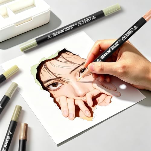 ZSCM 12 Skin Tone Acrylic Paint Markers, Dual Fine & Brush Tip Acrylic Pen